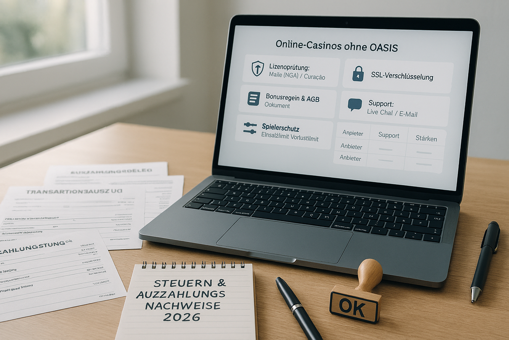 Ein modernes Homeoffice in Deutschland mit hell beleuchtetem Schreibtisch, auf dem Auszahlungsbelege, Transaktionsauszüge und ein Notizblock mit der Aufschrift „Steuern & Auszahlungsnachweise 2026“ liegen. Daneben befinden sich ein Stempel „OK“ und ein Kugelschreiber. Ein geöffnetes Laptop zeigt eine neutrale Vergleichsseite mit Infokacheln zu Lizenzprüfung, SSL-Verschlüsselung, Bonusregeln, Support und Spielerschutz. Die Tabelle listet Anbieter A, B, C mit Spalten zu Lizenz, Support und Stärken. Die Szene vermittelt Seriosität und Verbraucherschutz im Kontext von online casinos ohne oasis.