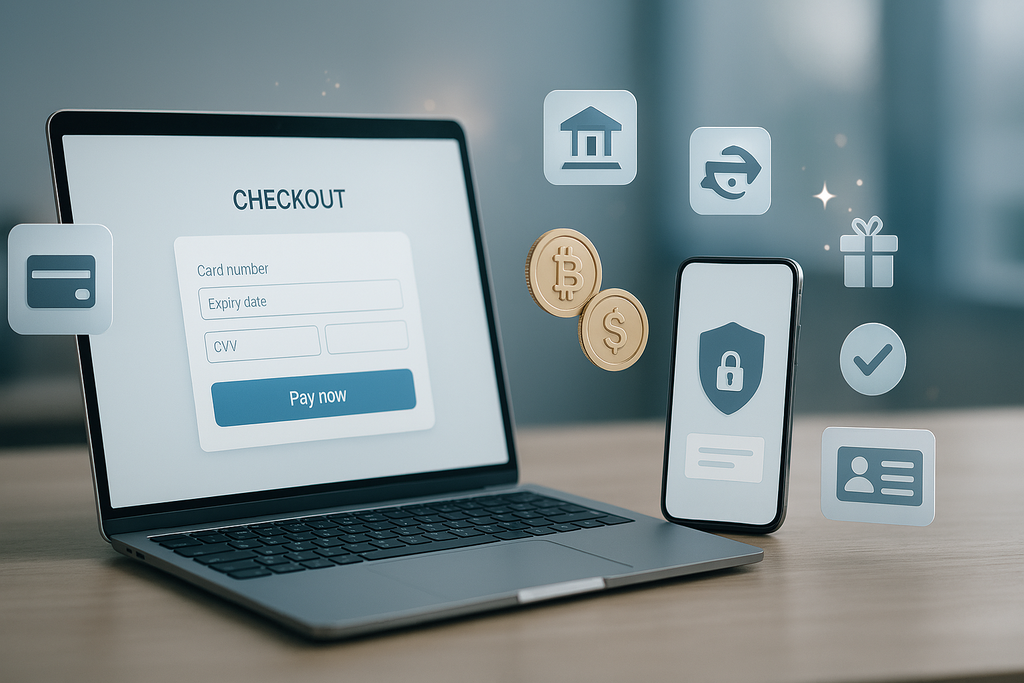 Ein modernes Fintech- und Online-Zahlungs-Szenario mit Laptop und Smartphone auf einem Schreibtisch, umgeben von minimalistischen Payment-Icons für Kreditkarte, E-Wallet, Sofortüberweisung und Kryptowährungen. Dezente Symbole für Sicherheit, KYC und Bonusangebote wie Geschenk-Icon und Lichtpunkte ergänzen die Szene. Die helle, professionelle Atmosphäre vermittelt Seriosität und Transparenz, ideal für Themen rund um Zahlungen und online casinos ohne oasis.